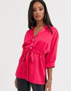 River Island Satin Shirt With Gathered Waist In Pink