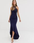 Lipsy High Neck Maxi Dress With Lace Placement In Navy