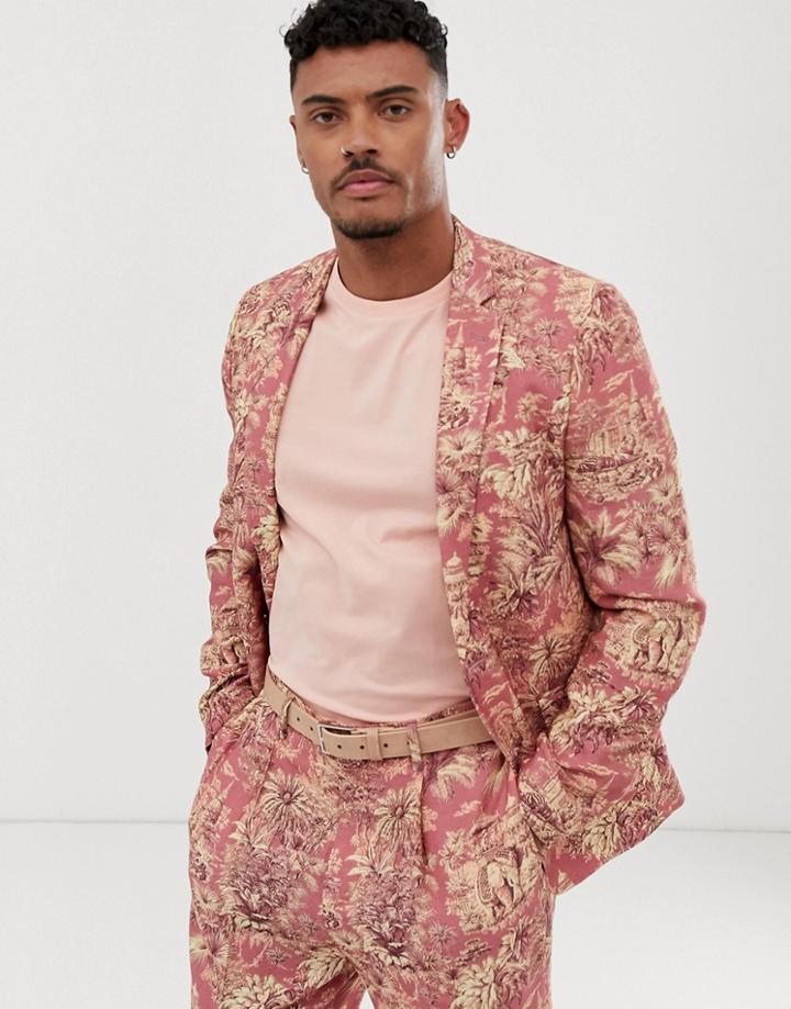 Asos Design Skinny Suit Jacket With Elephant Print In Linen Look - Red