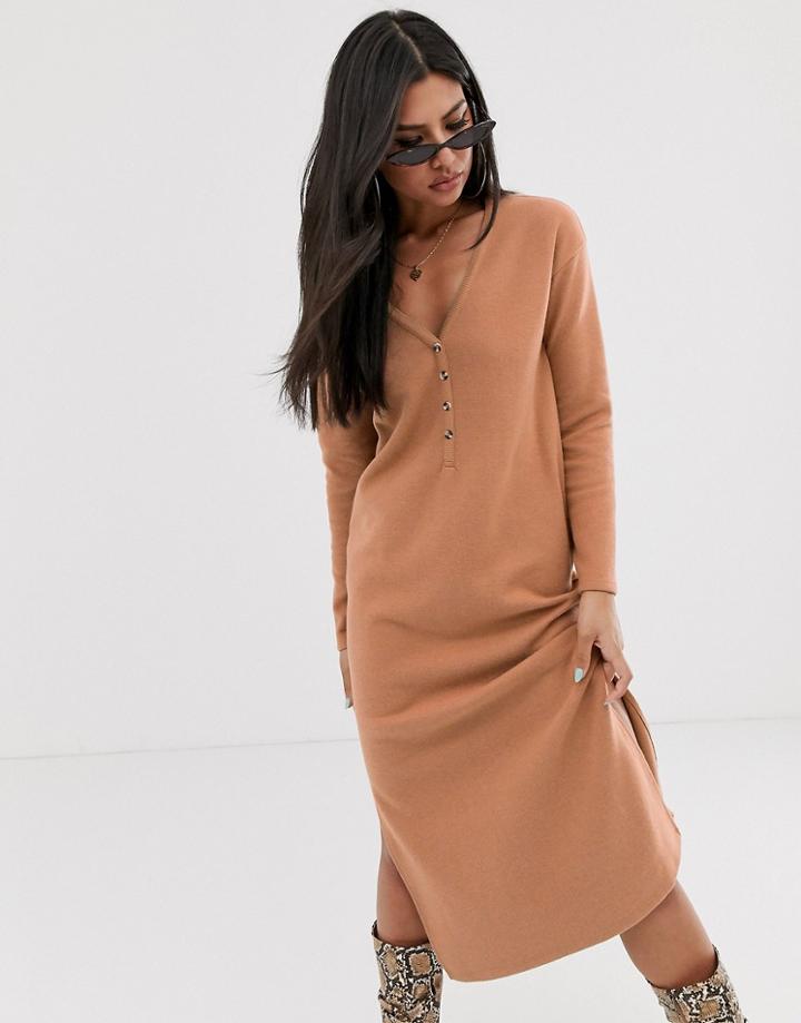 Asos Design Button Detail Super Soft Midi Dress With Side Splits-brown