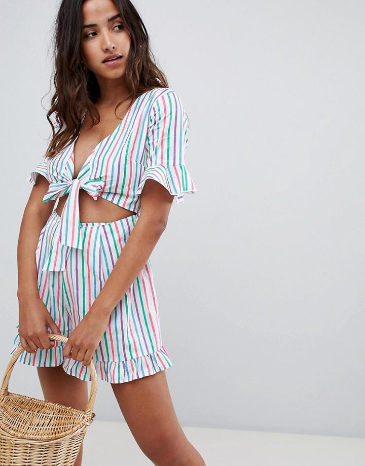 Asos Design Romper With Cut Out And Tie Detail In Multi Stripe - Multi