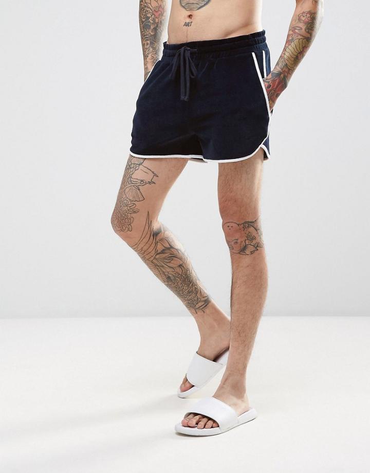 Asos Runner Shorts In Navy Velour - Navy