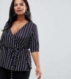 Pink Clove Wrap Blouse With Fluted Sleeves In Stripe - Navy