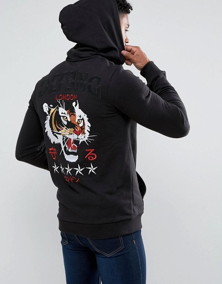 Defend London Zip Up Hoodie With Back Tiger Embroidery - Black