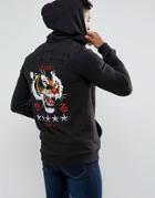 Defend London Zip Up Hoodie With Back Tiger Embroidery - Black