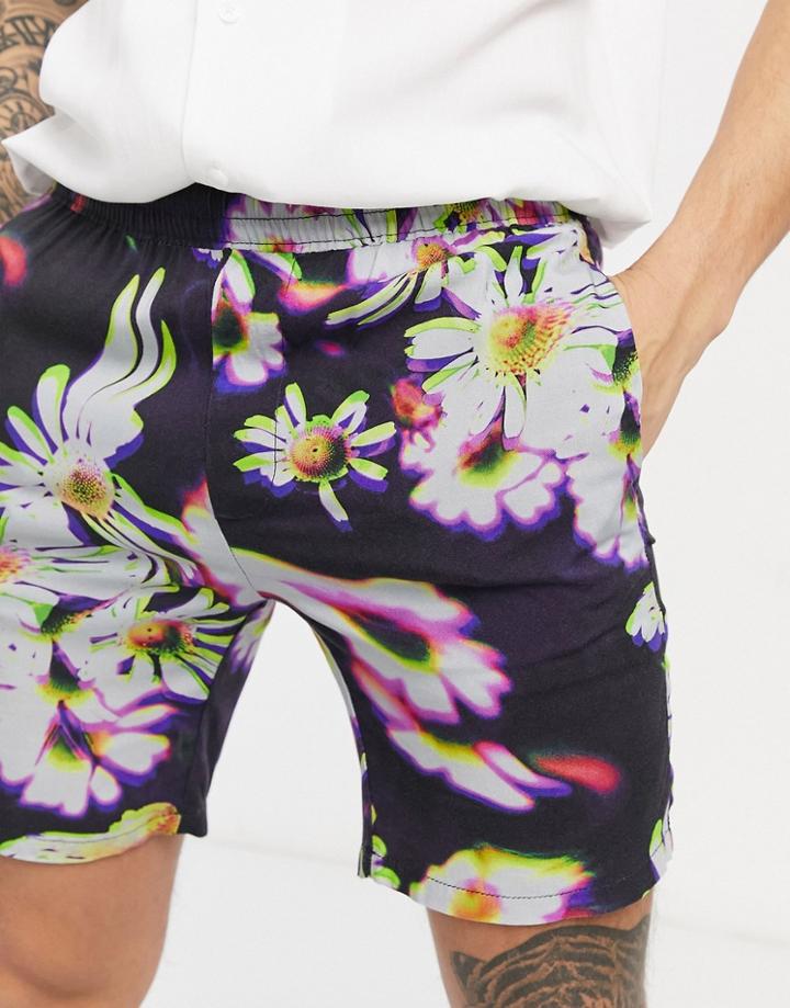 Asos Design Shorter Shorts In Abstract Floral Print-navy