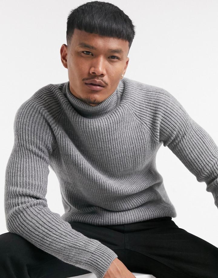 Bershka Ribbed Roll Neck Sweater In Gray