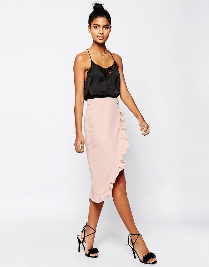 Asos Premium Tailored Wrap Pencil Skirt With Ruffle Detail - Pink