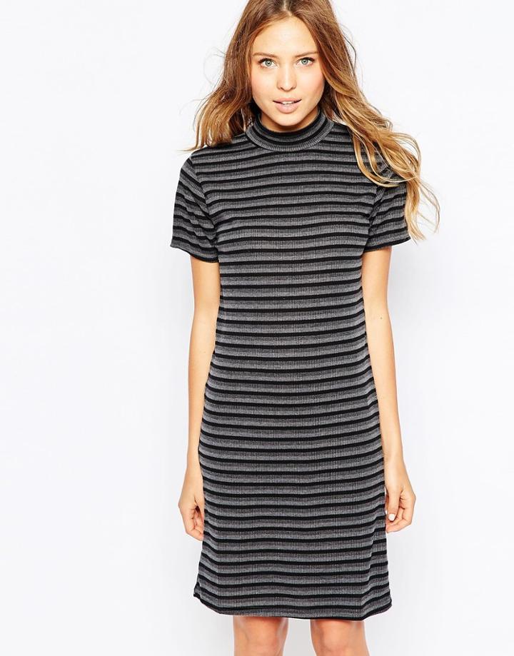 Ichi High Neck Striped Body-conscious Dress - Dark Gray Melange