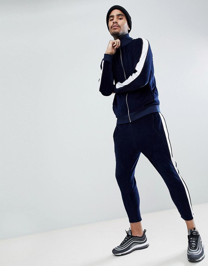 Asos Tracksuit Track Jacket In Velour With Poly Tricot Panel/ Skinny Crop Joggers - Navy