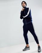 Asos Tracksuit Track Jacket In Velour With Poly Tricot Panel/ Skinny Crop Joggers - Navy