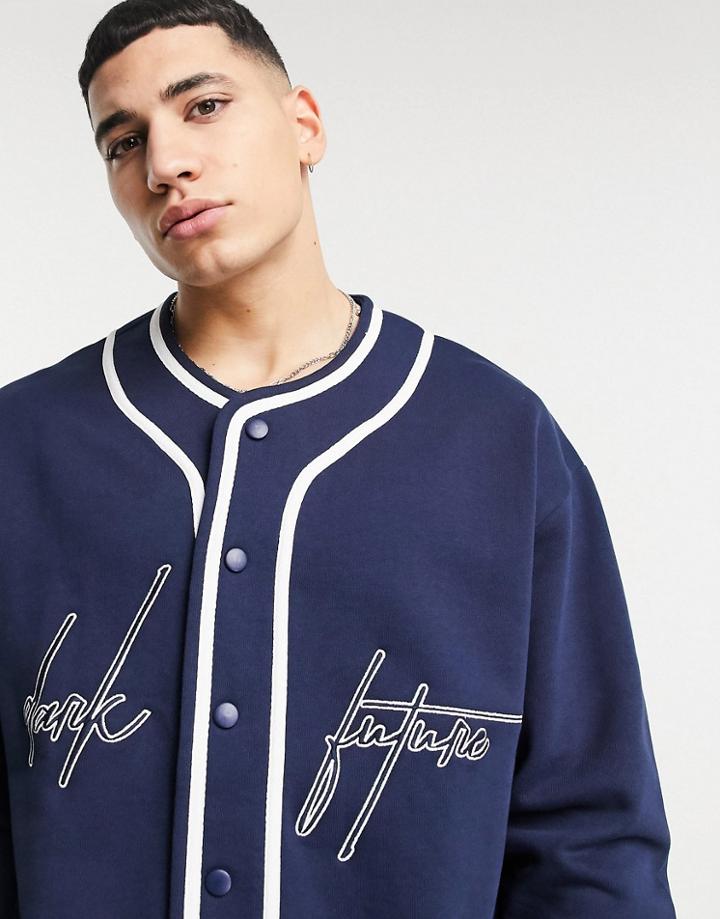 Asos Dark Future Oversized Baseball Sweatshirt With Chest And Back Embroidery In Navy-white