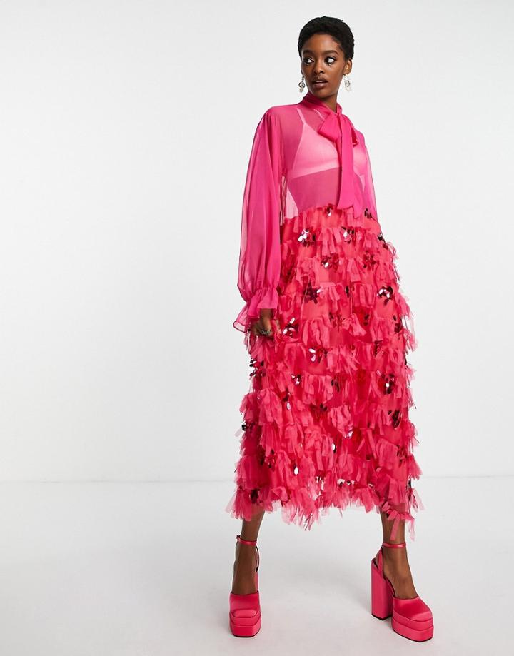 Sister Jane Long Sleeve Midi Smock Dress With Sequin Skirt And Pussybow-pink