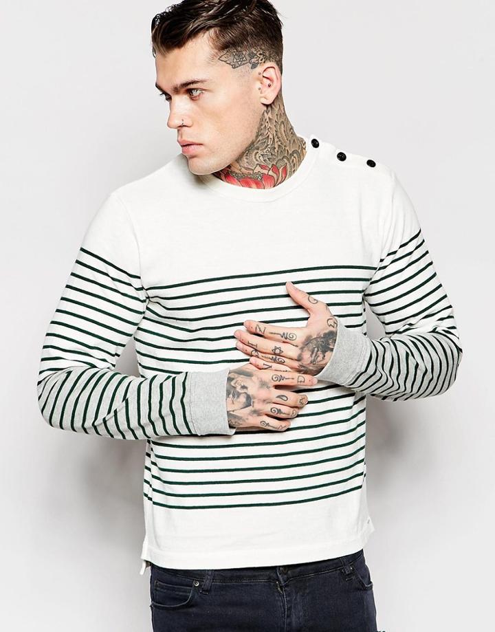 Diesel Crew Sweatshirt T-venera Breton Varied Stripe In White - White