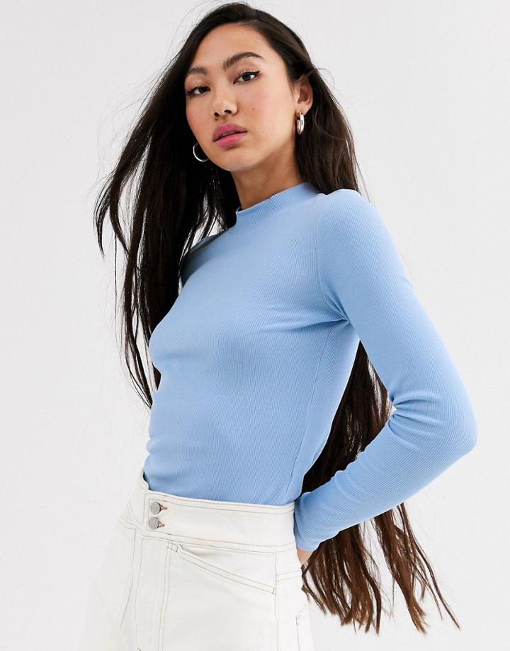 Monki Ribbed Crew Neck Top In Blue