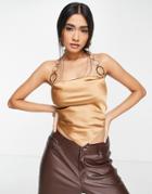 Asos Design Halter Front Scarf Top With Ring Trim Detail In Camel Satin-brown