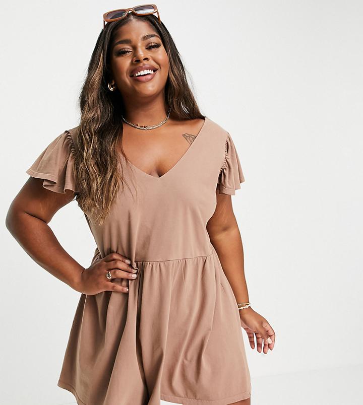 Asos Design Curve Frill Sleeve Smock Romper In Rust-brown