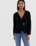 Asos Design Long Sleeve Asymmetric Wrap Top With Button Detail-black