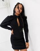 Asos Design Denim Mini Dress With Puff Sleeve In Washed Black