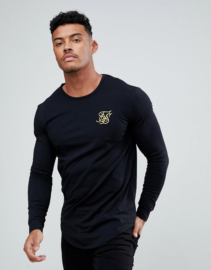 Siksilk Muscle Long Sleeve T-shirt In Black With Gold Logo - Black