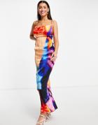 Asos Design Cowl Satin Biased Cut Cross Back Maxi Dress In Multi Print