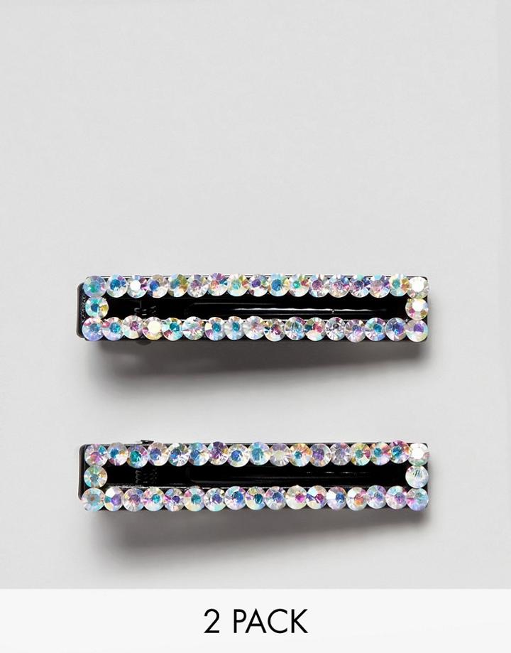 Asos Design Pack Of 2 Hair Clips In Open Shape Design With Clear Crystals - Black