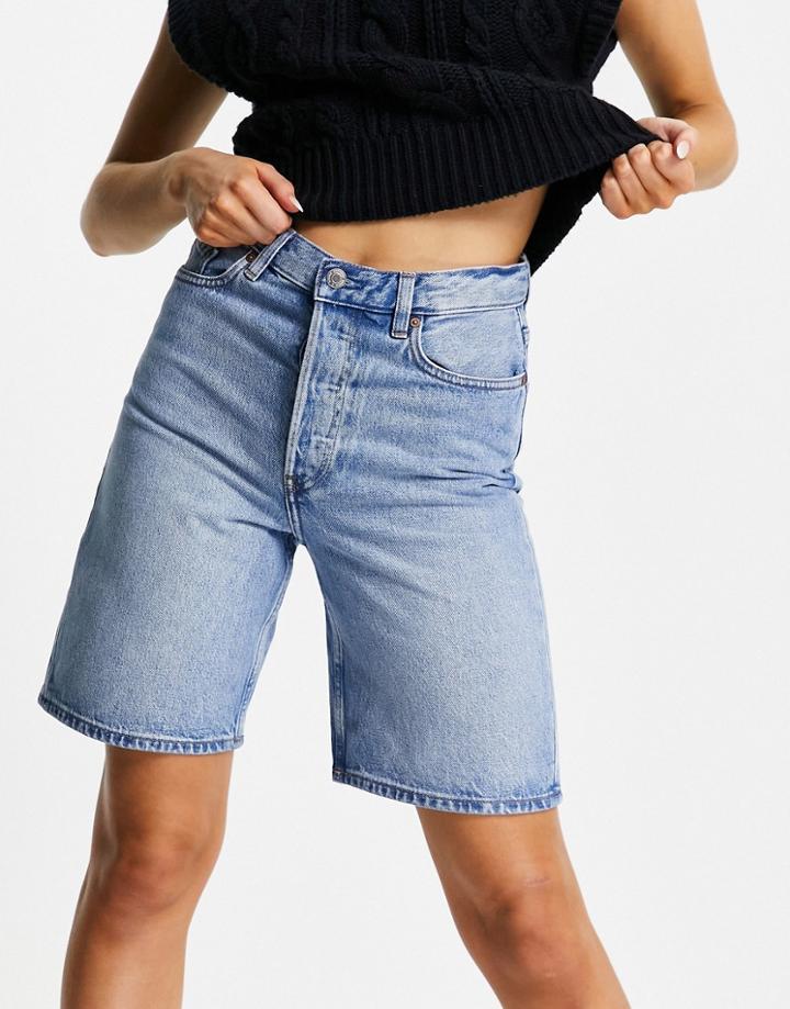 & Other Stories Spark Organic Cotton Longline Denim Shorts In Aqua Blue-blues