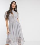 Chi Chi London Petite Lace Detail Skate Dress In Dove Gray-grey