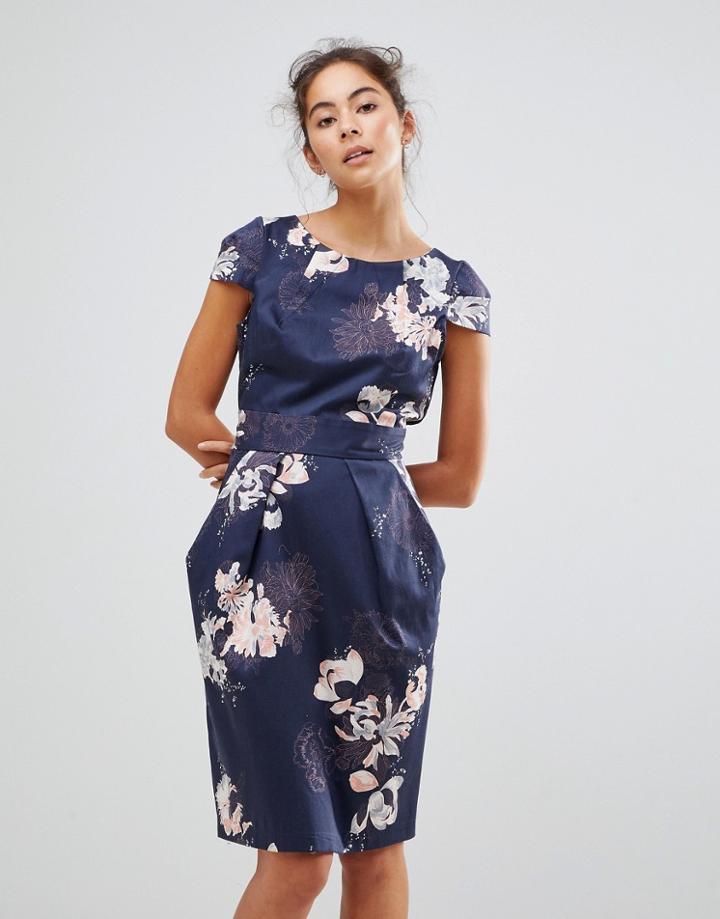 Closet London Cap Sleeve Pencil Dress In Overscale Floral Print - Multi