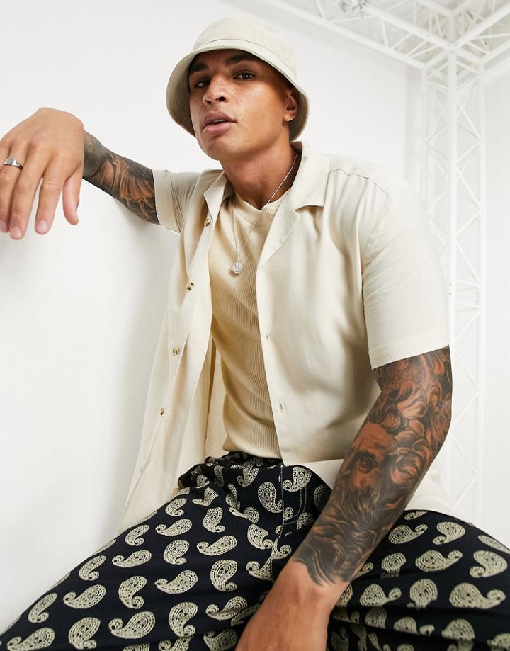 Asos Design Regular Viscose Shirt With Revere Collar In Ecru-neutral