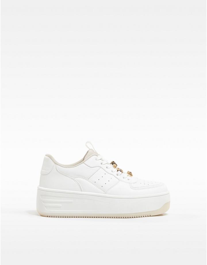 Bershka Platform Retro Sneakers With Bejewelled Lace In White