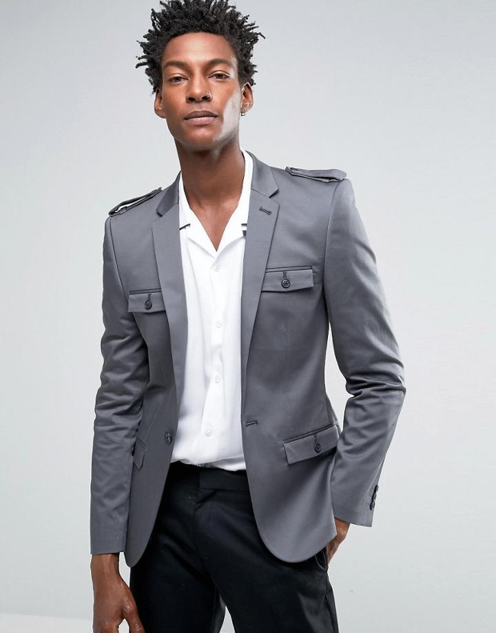 Asos Super Skinny Cotton Jacket With Military Styling In Gray - Gray
