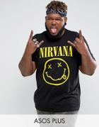 Asos Plus Nirvana Longline Band T-shirt With Face Print - Black