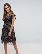 Hazel Floral Print Midi Dress With Mesh Overlay-black