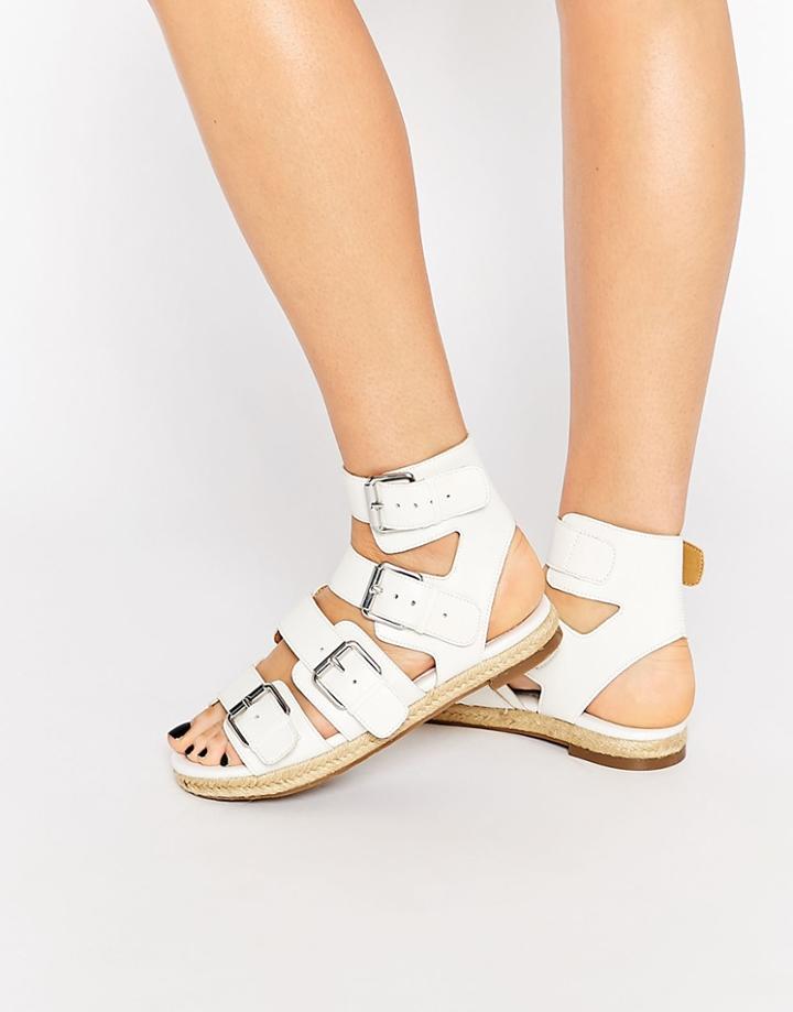 Kendall & Kylie Jackie White Leather Multi Buckle Espadrille Flat Sandals - White