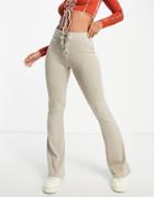 Asos Design Rib Kick Flare Pants With Lace-up Waist In Taupe-neutral