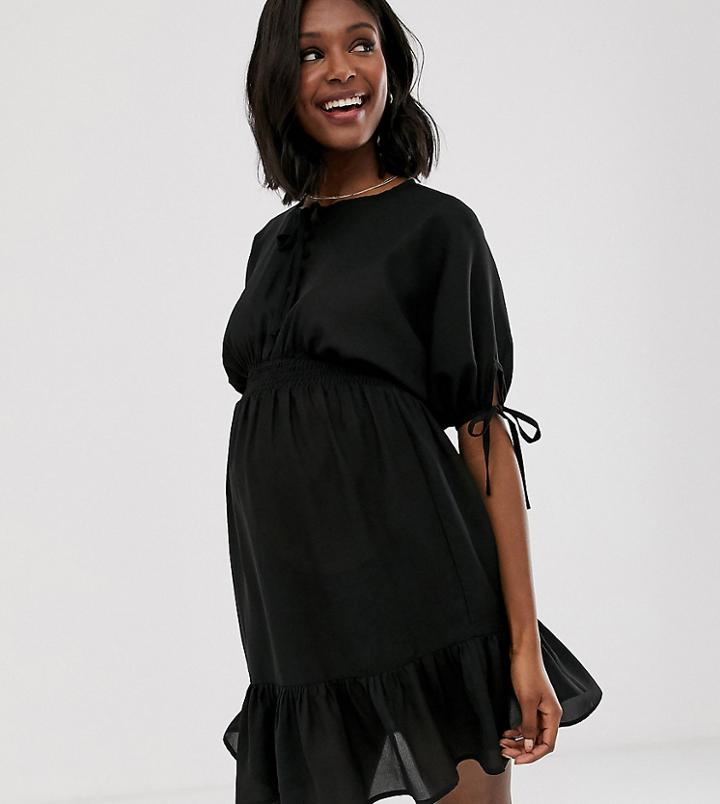 Asos Design Maternity Short Sleeve Mini Dress With Elasticated Waist-black