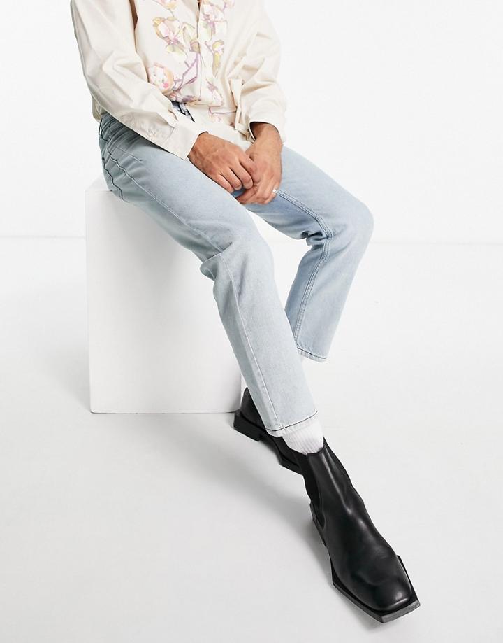 Religion Straight Cropped Rigid Jeans In Vintage Blue With Rips-blues