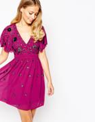 Frock And Frill Wrap Front Embellished Skater Dress With Fluted Sleeve