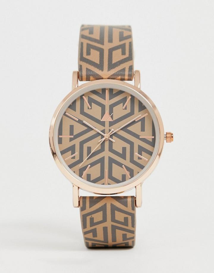 Asos Design Watch With Monogram Print And Gold Tone Case - Brown