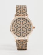 Asos Design Watch With Monogram Print And Gold Tone Case - Brown