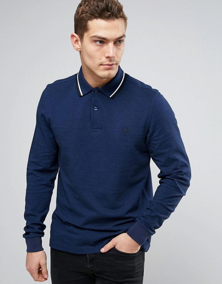 Fred Perry Slim Long Sleeve Polo Shirt Two Tone Tipped Pique In Pacifi