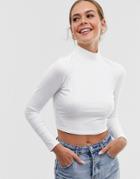 Asos Design Turtleneck Long Sleeve Rib Crop Top In White - White