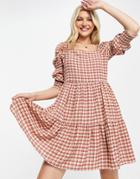 Qed London Square Neck Tiered Midi Smock Dress In Tan Gingham-brown