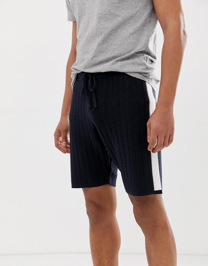 Asos Design Knitted Textured Shorts With Side Stripes In Navy