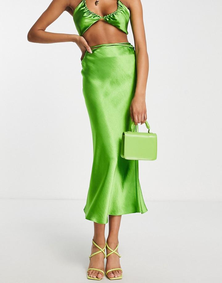 Topshop Satin Tie Waist Midi Skirt In Green - Part Of A Set