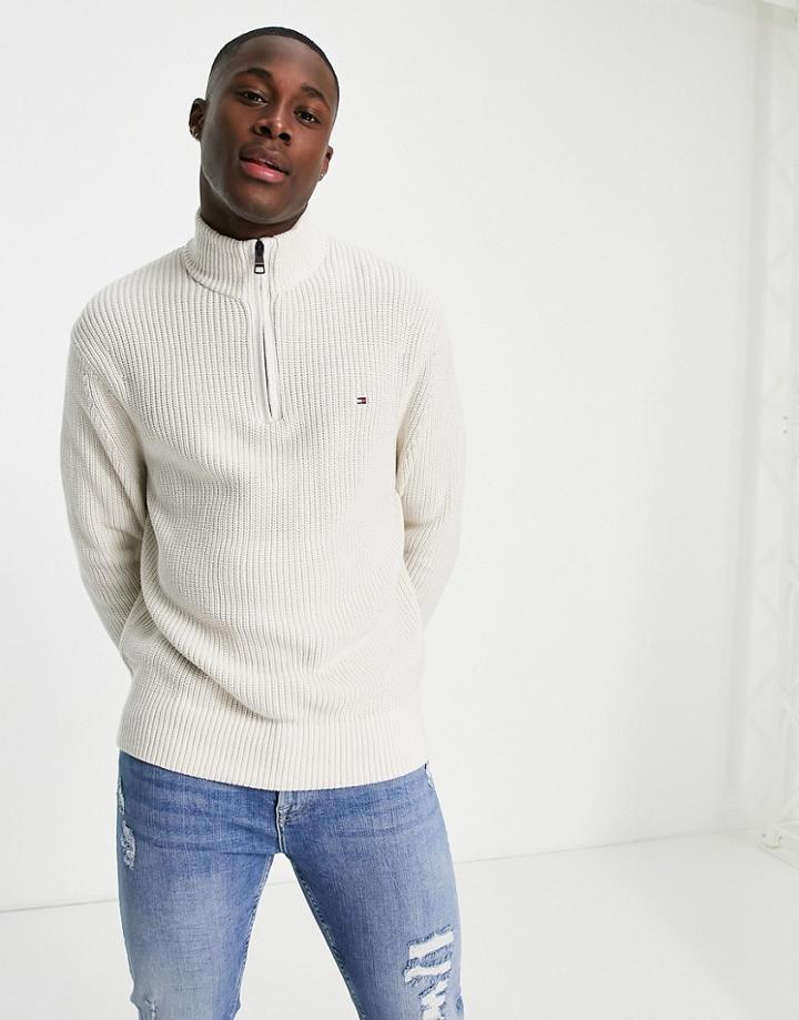 Tommy Hilfiger Rib Texture Half Zip Sweater In Cream-white