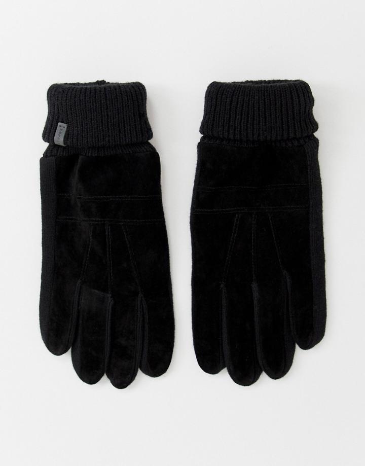 Esprit Suede Gloves With Knitted Panels In Black - Black