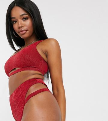 Wolf & Whistle Fuller Bust Exclusive Cut Out Crop Bikini Top In Red Glitter Rib D-f