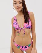 Asos Design Recycled Deep Plunge Crop Bikini Top In Pink Outline Floral Sketch Print - Multi